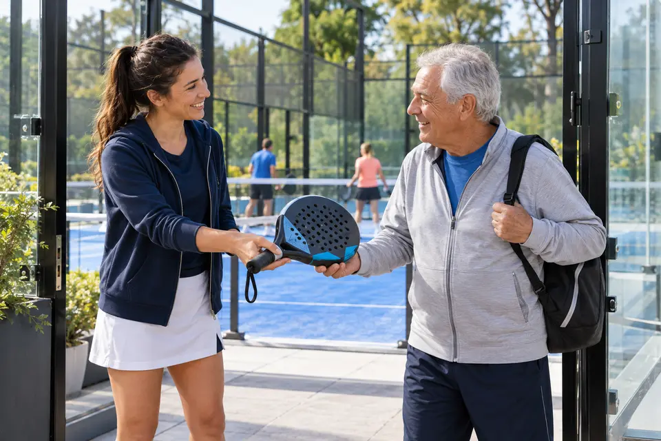 Illustrative scene of a volunteer welcoming a beginner to padel