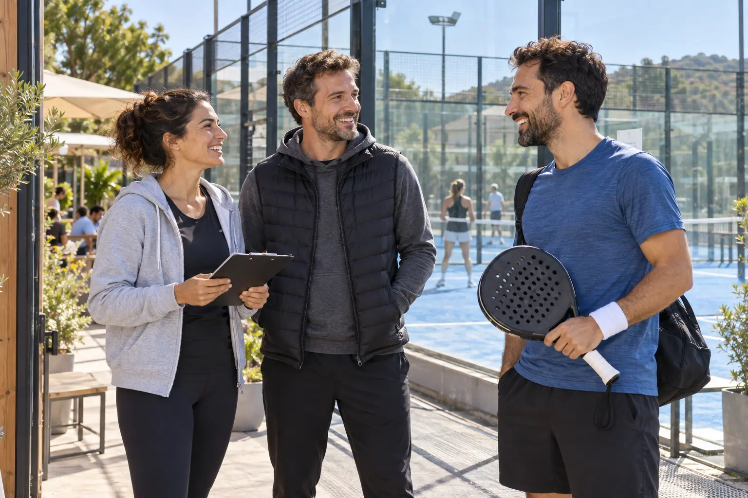 Illustrative scene of organisers and a player at a local padel club